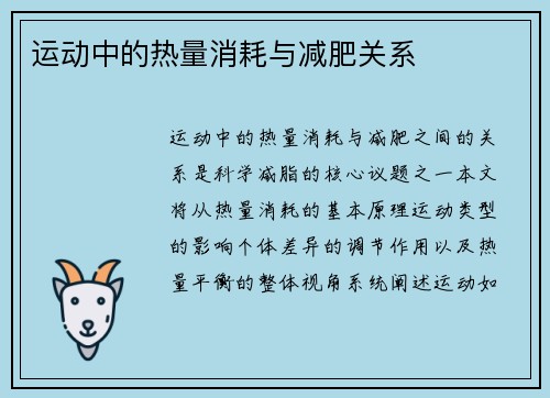 运动中的热量消耗与减肥关系