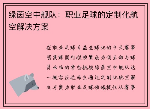 绿茵空中舰队：职业足球的定制化航空解决方案
